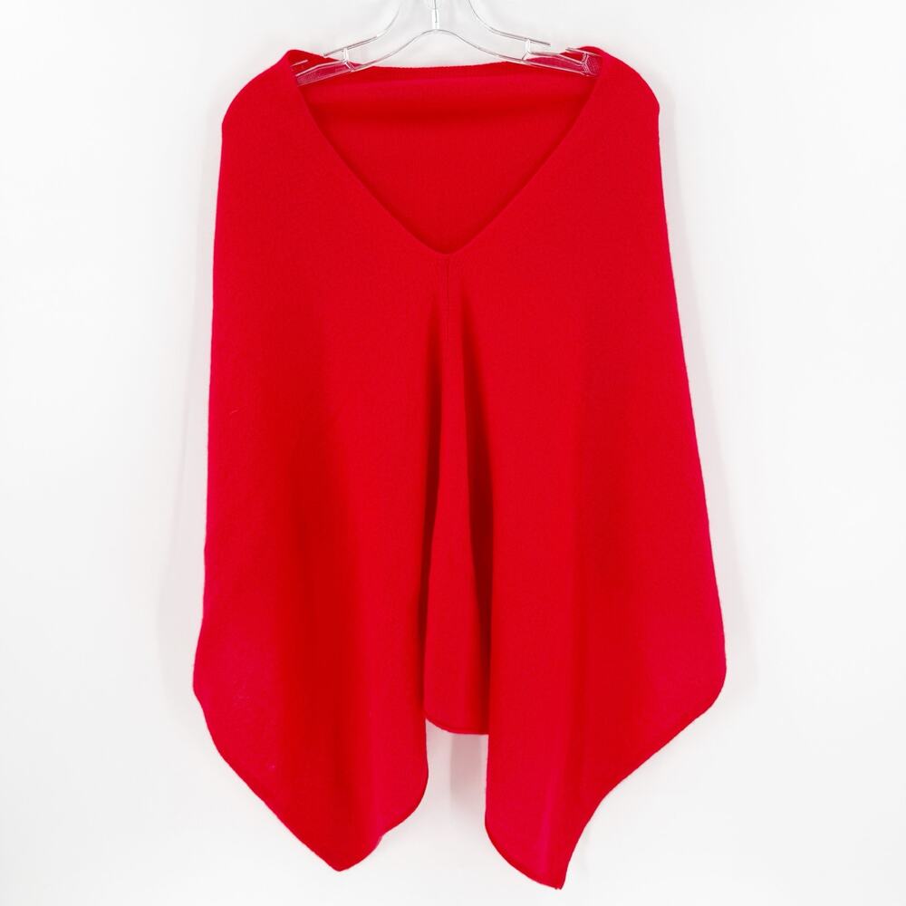 Red 100% Cashmere Poncho Cape Soft Knit Cozy Minimalist OS